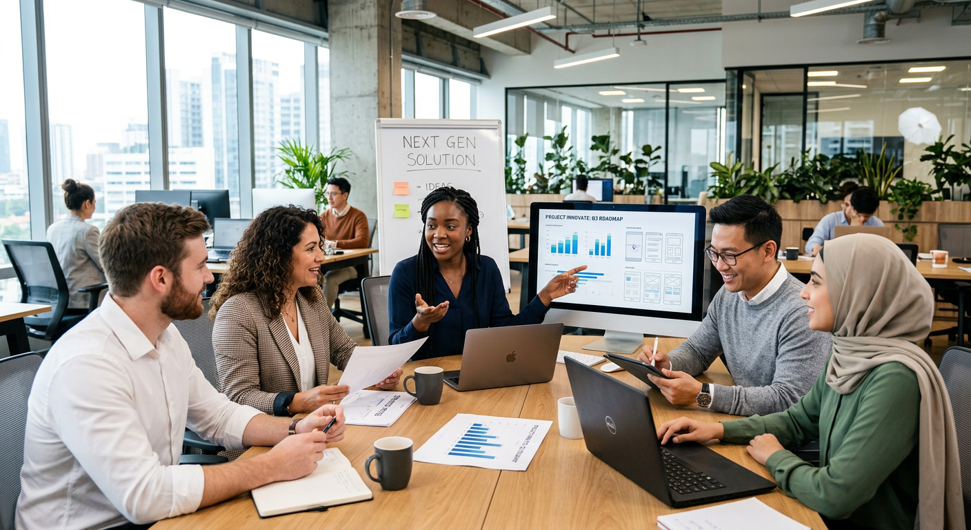 A modern, diverse team of professionals collaborating in a bright, open-plan office. Style: High-resolution, professional stock photo. Mood: Collaborative, innovative, and successful.