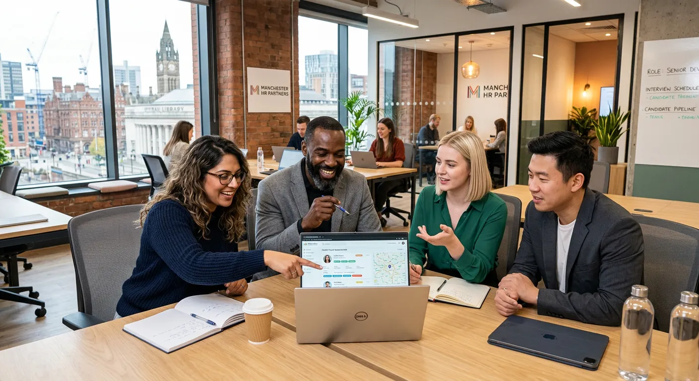 A professional, dynamic photo of a diverse group of recruitment consultants and HR professionals in a modern Manchester office, looking at a laptop screen showing candidate profiles. The mood should be collaborative, efficient, and forward-thinking.