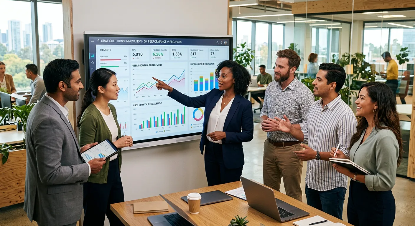 A diverse team of modern professionals collaborating in a bright, open-plan office. One is pointing to a data dashboard on a large screen, others are discussing. Style: Corporate, vibrant, forward-thinking. Mood: Collaborative, innovative, and efficient.