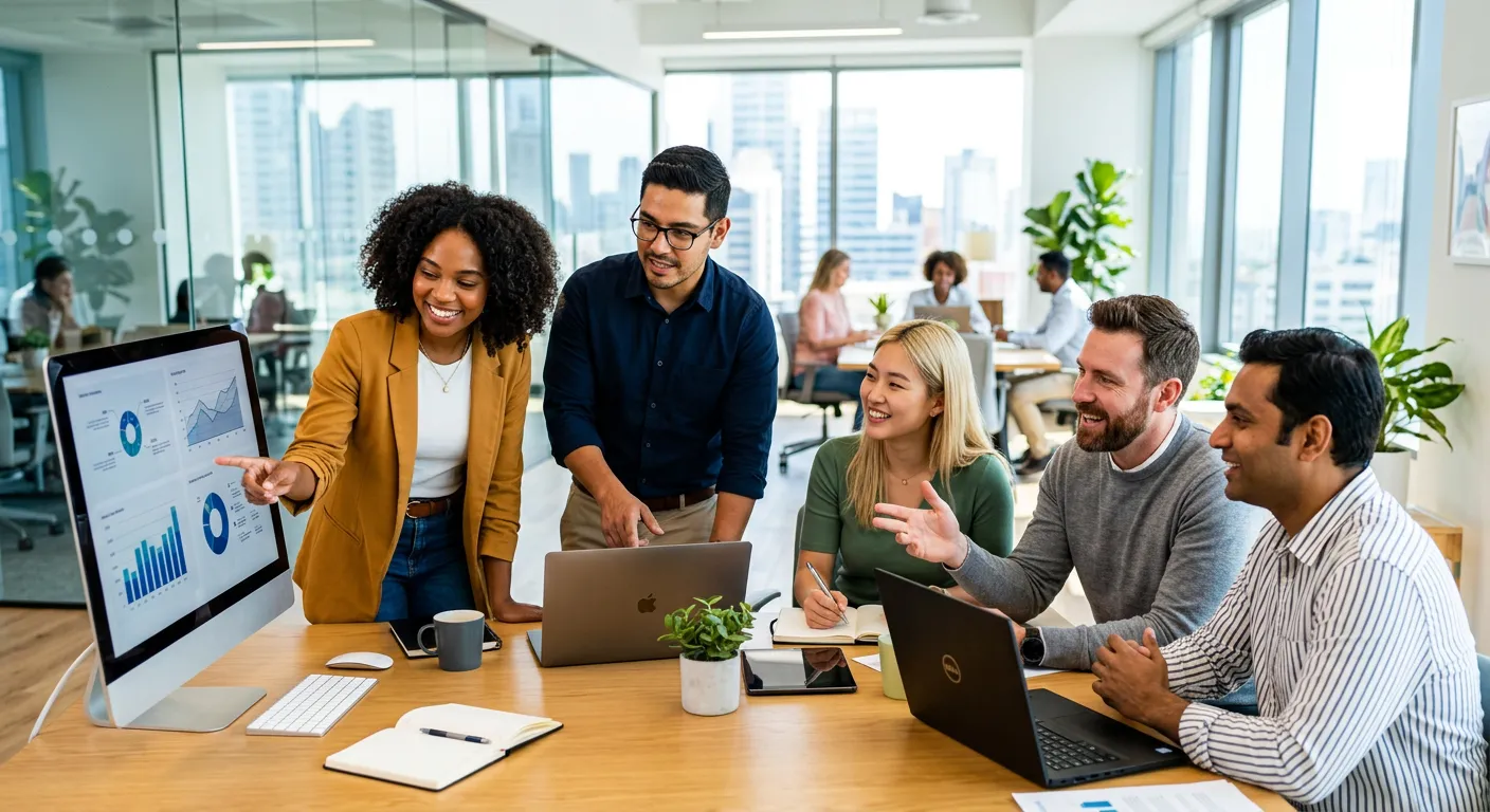 A diverse team of professionals collaborating in a modern, bright office. Focus on teamwork, technol... A diverse team of professionals collaborating in a modern, bright office. Focus on teamwork, technology, and a positive, productive atmosphere. Style: Professional stock photo, high contrast, vibrant colors.