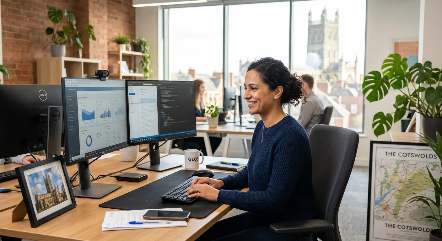 A professional, friendly-looking person of diverse background working efficiently at a dual-monitor computer setup in a modern, bright office. The setting should feel local, with subtle nods to Gloucester such as a map of the Cotswolds or a view of the cathedral in a framed picture on the desk. Style: professional stock photo, warm and inviting mood.