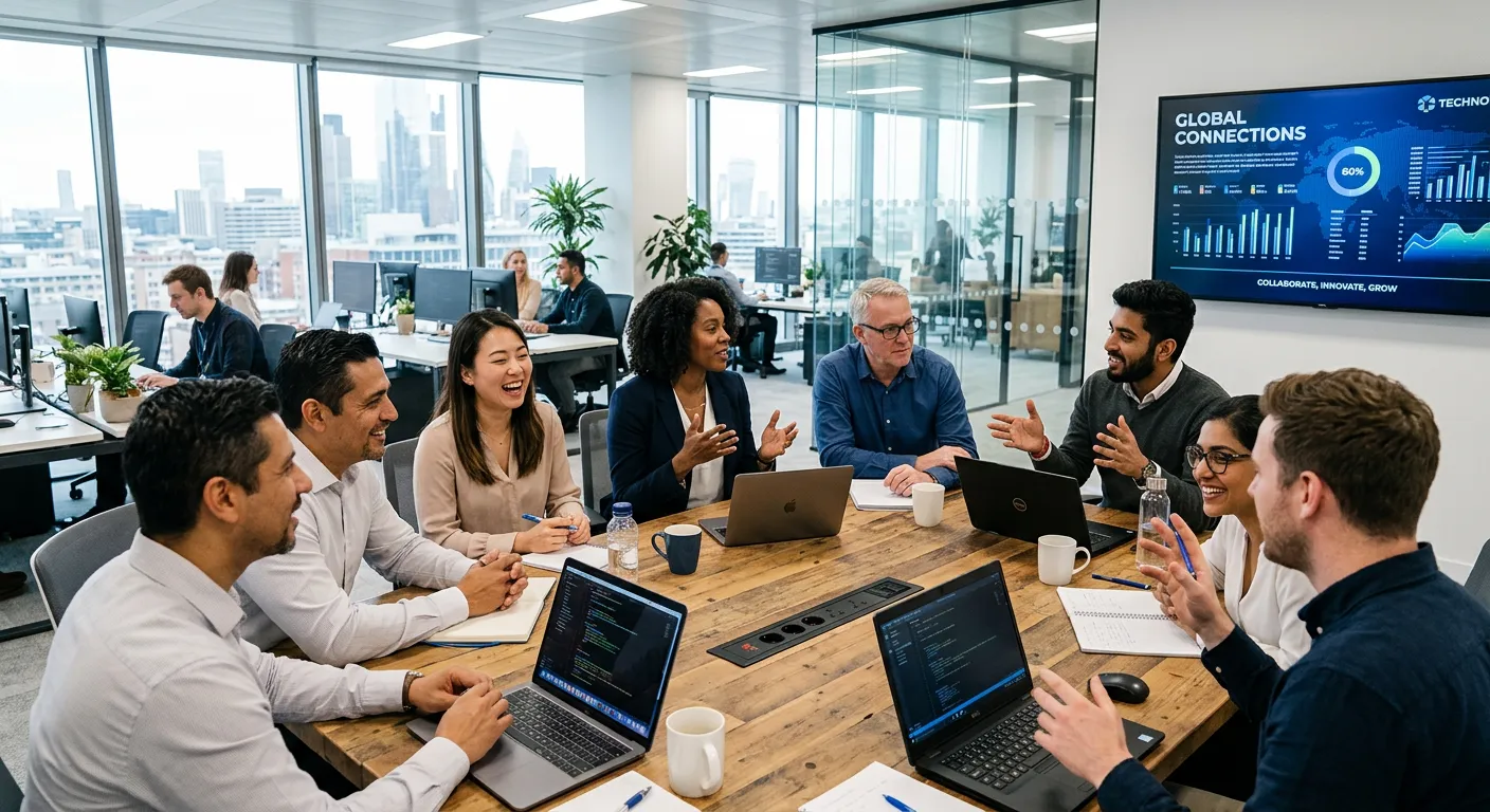 A diverse group of professional candidates and hiring managers in a modern office setting, engaged i... A diverse group of professional candidates and hiring managers in a modern office setting, engaged in a collaborative discussion. The mood is dynamic, forward-thinking, and professional, with a focus on human connection and technology in the background.