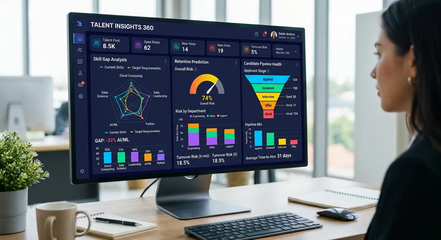A modern, sleek dashboard on a large desktop monitor showing colorful data visualizations for talent... A modern, sleek dashboard on a large desktop monitor showing colorful data visualizations for talent analytics, with graphs for