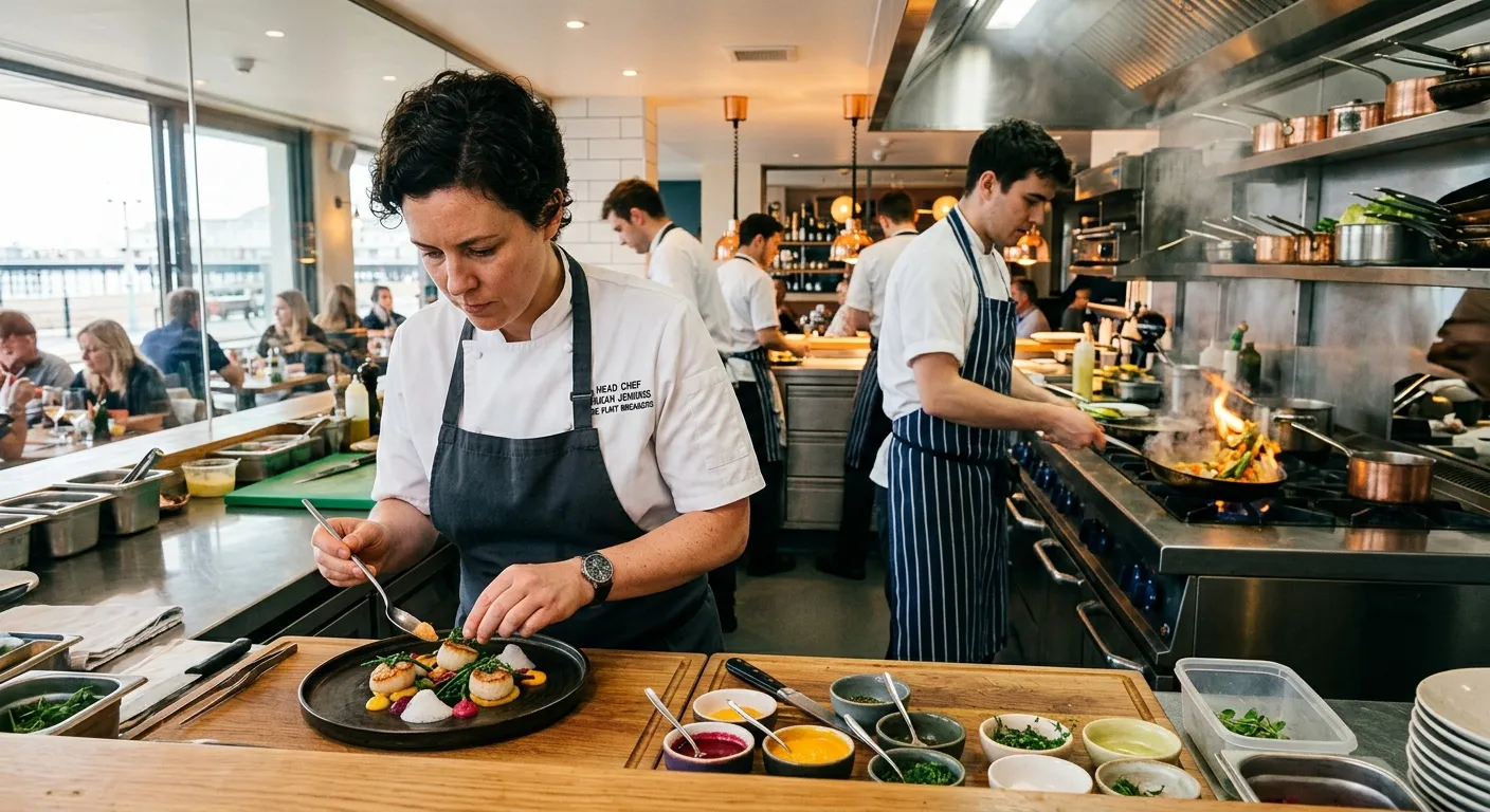 A dynamic, professional kitchen scene in a bright, modern Brighton restaurant. A Head Chef is platin... A dynamic, professional kitchen scene in a bright, modern Brighton restaurant. A Head Chef is plating an artistic dish while a Sous Chef works in the background. The image conveys energy, skill, and the vibrant food scene.