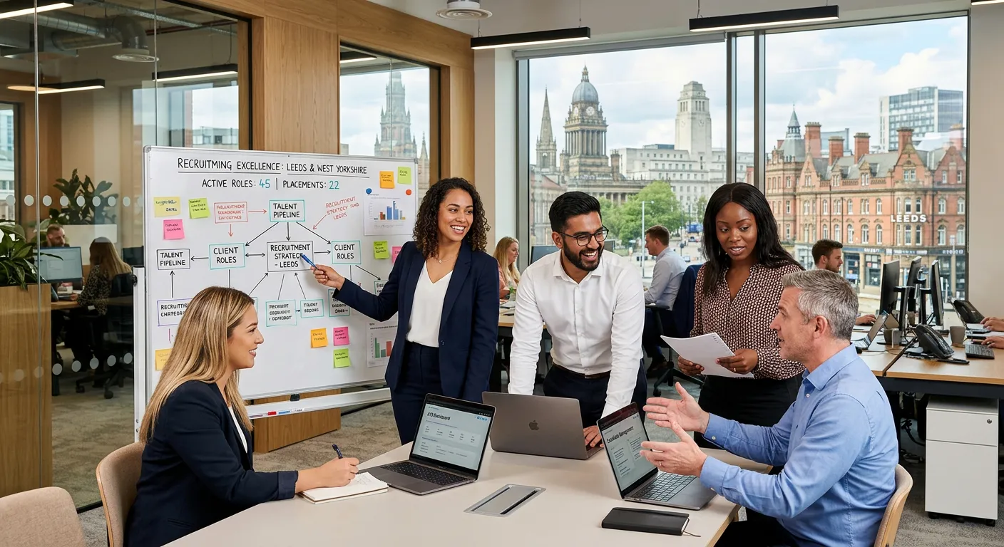 A professional, dynamic hero image showing a diverse group of recruitment consultants and HR profess... A professional, dynamic hero image showing a diverse group of recruitment consultants and HR professionals in a modern Leeds office setting, collaborating over laptops and whiteboards. The image should convey energy, professionalism, and local context, with subtle Leeds landmarks visible through a window.