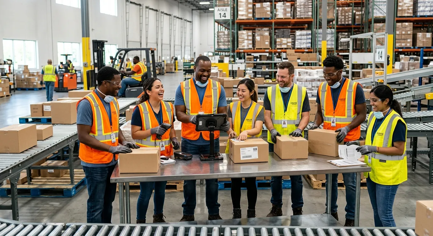A diverse group of warehouse workers in high-visibility vests smiling and collaborating in a modern,... A diverse group of warehouse workers in high-visibility vests smiling and collaborating in a modern, organized distribution center, representing successful high-volume hiring.