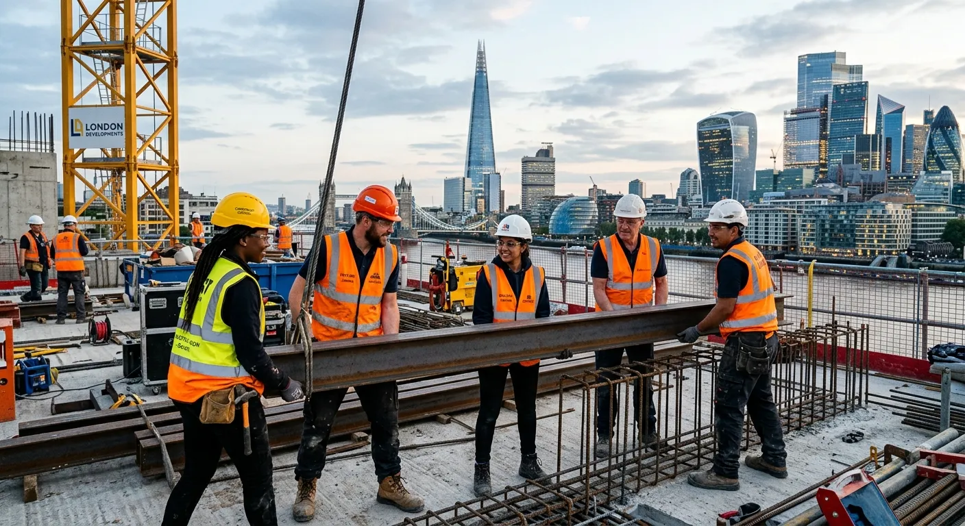 A professional, diverse group of labourers in high-visibility vests working together on a modern London construction site, with the Shard or Canary Wharf visible in the background, showing teamwork and activity