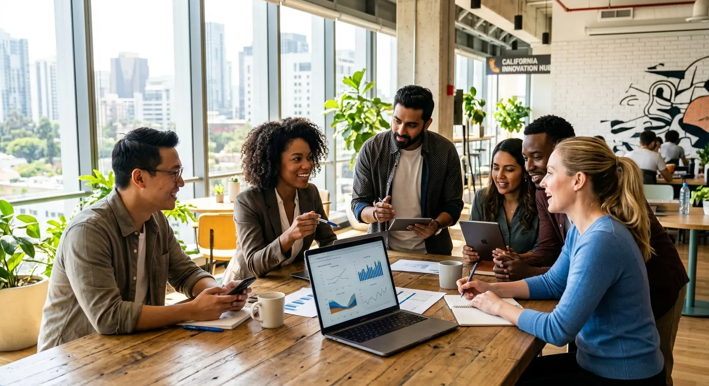 A diverse group of modern professionals collaborating in a bright, sunlit office space, focused and engaged. Style: Professional, vibrant, and aspirational mood.