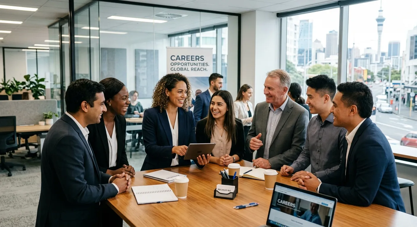 A professional, diverse group of recruitment consultants and candidates in a modern office setting i... A professional, diverse group of recruitment consultants and candidates in a modern office setting in <Location>, smiling and discussing career opportunities. Style: Authentic, bright, professional office environment.