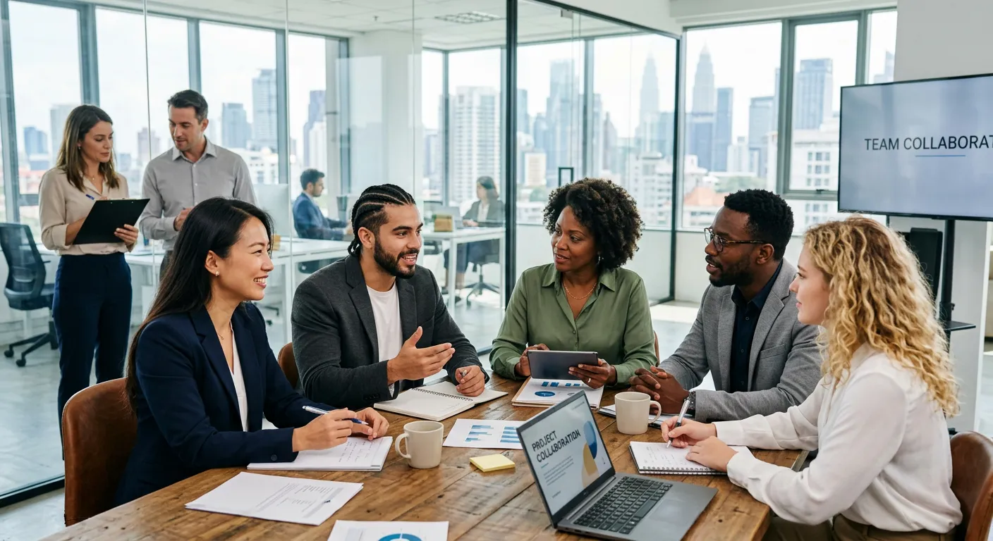 A modern, diverse group of professional candidates engaged in a collaborative interview, set in a br... A modern, diverse group of professional candidates engaged in a collaborative interview, set in a bright, glass-walled office. Style: Professional stock photo, high contrast, bright and optimistic mood.