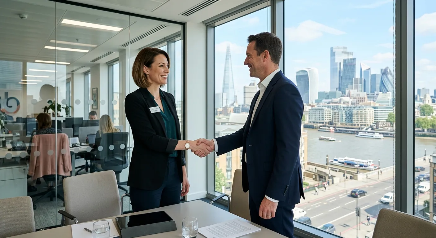 Professional, confident recruitment consultant in a modern London office, shaking hands with a clien... Professional, confident recruitment consultant in a modern London office, shaking hands with a client, with the London skyline visible through the window. Style: Authentic, bright, professional.