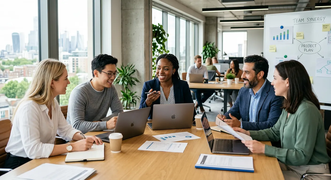 Modern, diverse team of professionals collaborating in a bright, sunlit office. Style: Authentic, pr... Modern, diverse team of professionals collaborating in a bright, sunlit office. Style: Authentic, professional stock photography. Mood: Innovative, collaborative, and successful.