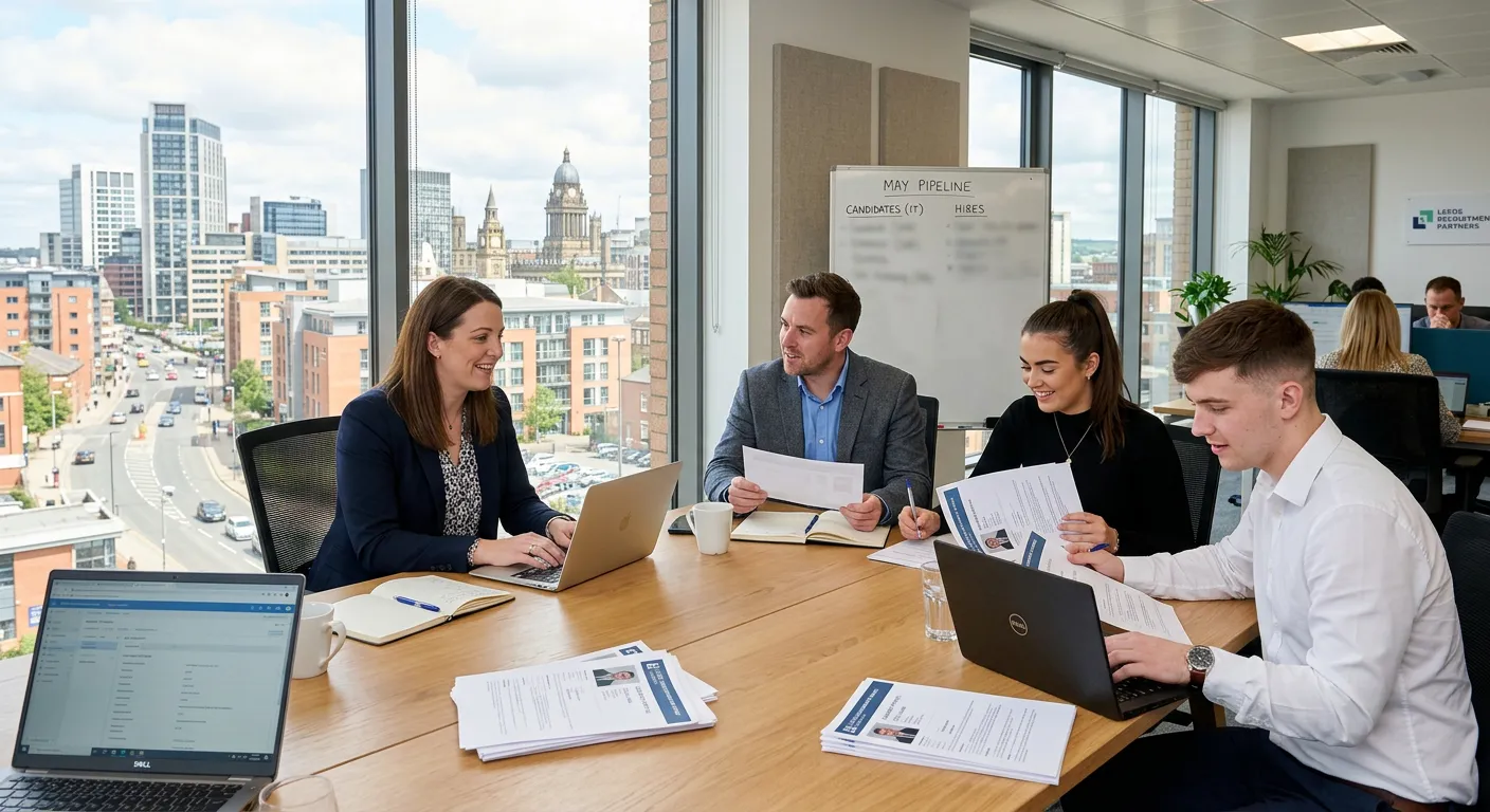 Professional team of recruitment consultants in a modern Leeds office, collaborating around a table... Professional team of recruitment consultants in a modern Leeds office, collaborating around a table with laptops and candidate profiles visible, daylight streaming through windows showing Leeds city skyline