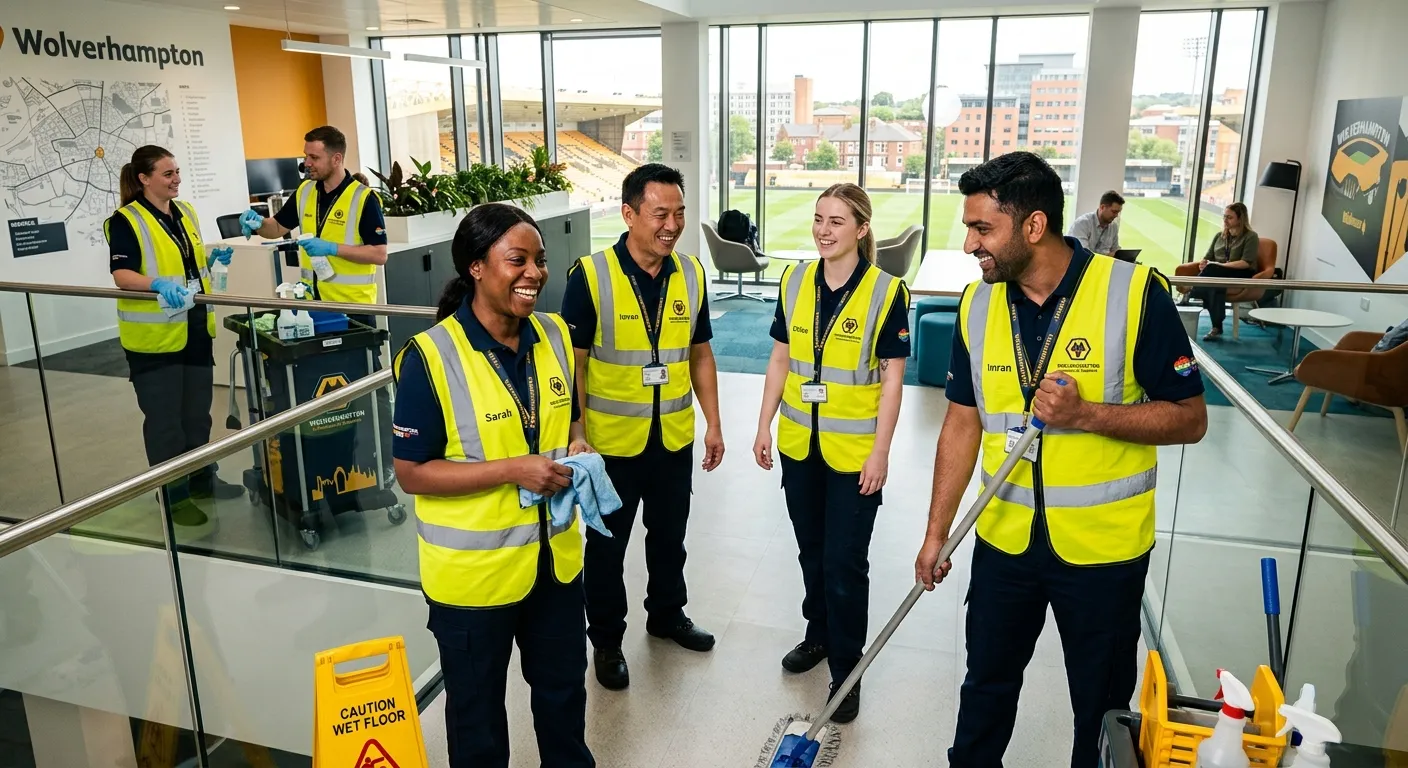 Professional, high-energy hero image showing a diverse team of cleaning staff in high-visibility uni... Professional, high-energy hero image showing a diverse team of cleaning staff in high-visibility uniforms smiling and working together in a modern, clean commercial environment in Wolverhampton, such as a new office building or industrial unit. The image should convey professionalism, reliability, and local pride.