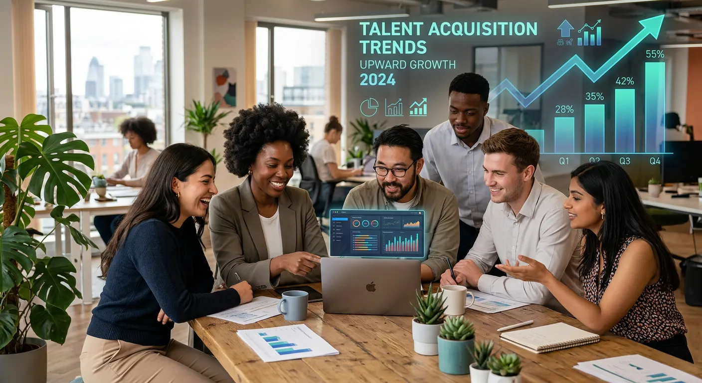 A modern, diverse team of professionals in a bright office collaborating around a laptop, with graph... A modern, diverse team of professionals in a bright office collaborating around a laptop, with graphics overlay showing upward talent acquisition trends. Professional, optimistic, and forward-looking mood.