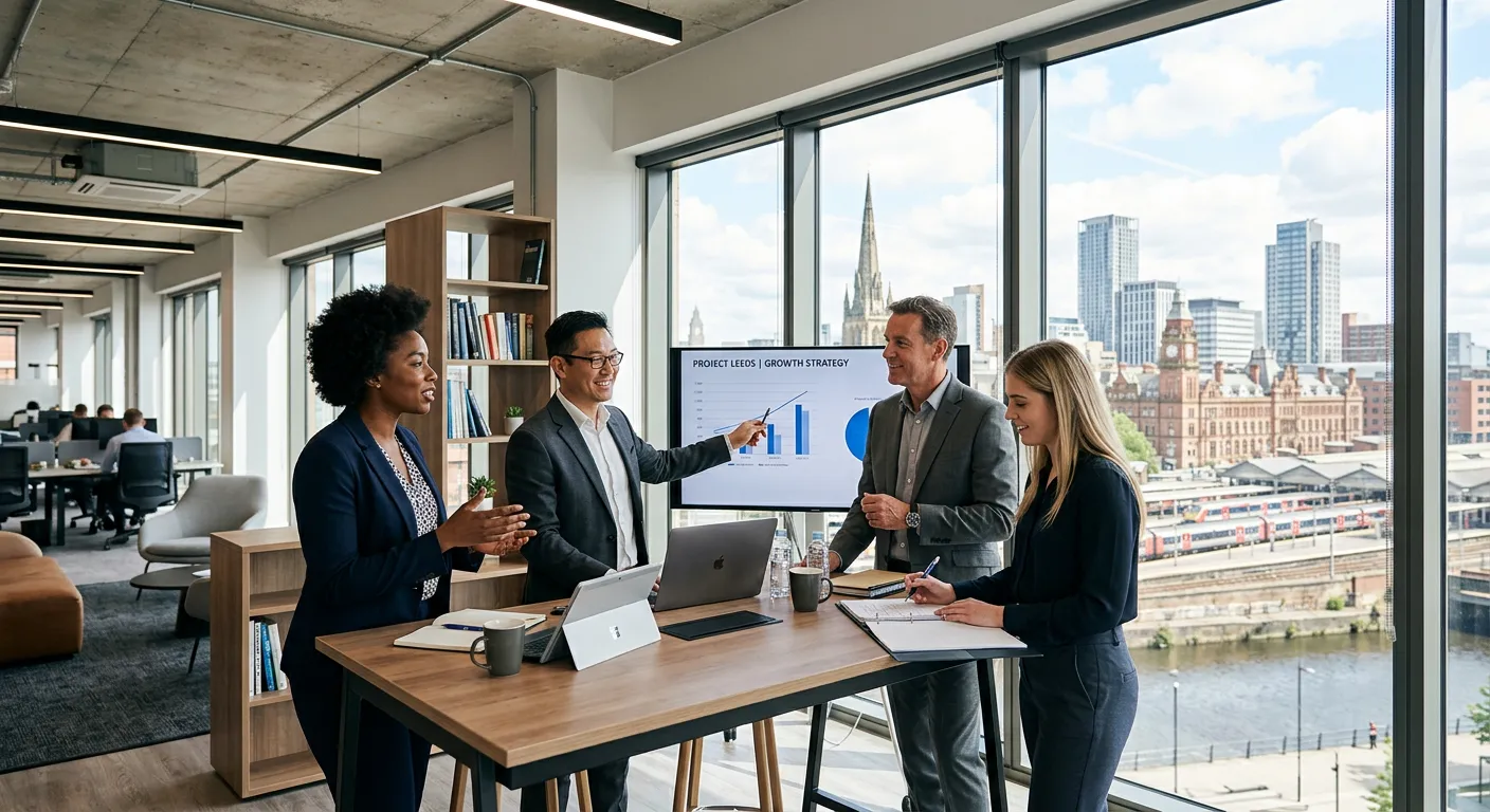 A professional, diverse group of business professionals collaborating in a modern Leeds office, overlooking the city skyline. Style: professional, confident, and dynamic.