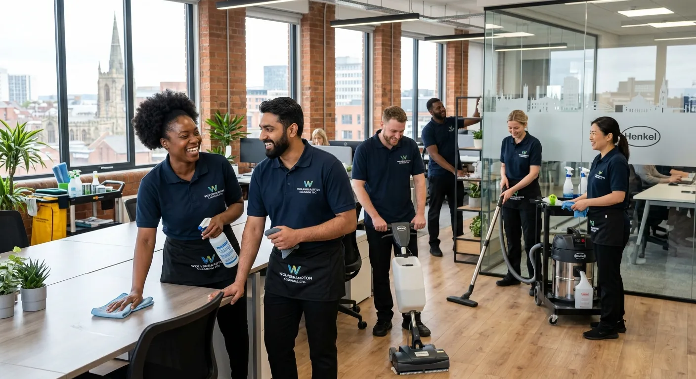 A professional, high-energy photo of a diverse cleaning team in smart uniforms, smiling and collaborating in a bright, modern office environment in Wolverhampton. The image should convey professionalism, teamwork, and a spotless workspace.