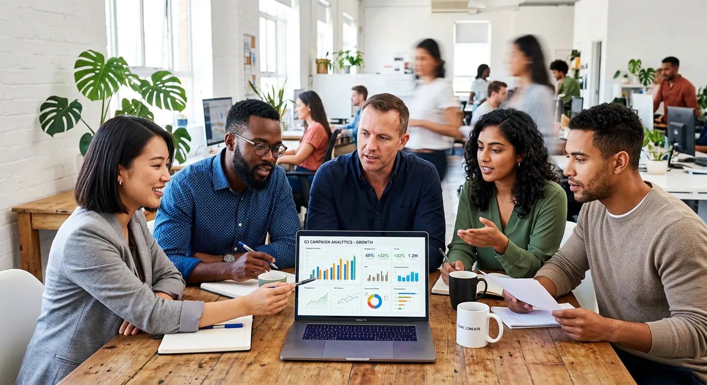 A diverse team of modern professionals collaborating in a bright, open-plan office, focusing on a laptop screen showing project analytics. Style: professional, dynamic, high-contrast.