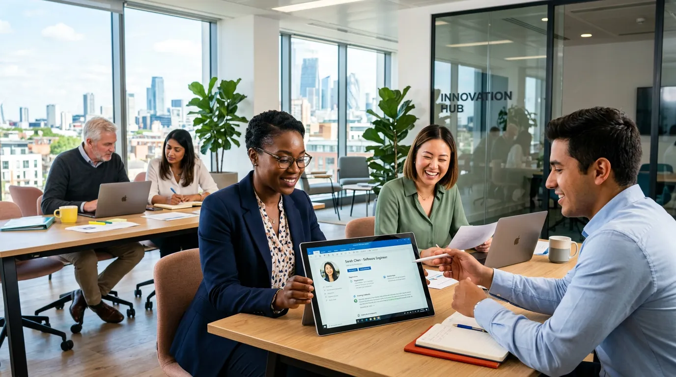 A dynamic, professional hero image showing a diverse team of professionals collaborating in a modern... A dynamic, professional hero image showing a diverse team of professionals collaborating in a modern office, with a focus on a hiring manager reviewing candidate profiles on a tablet. Style should be bright, optimistic, and forward-looking.