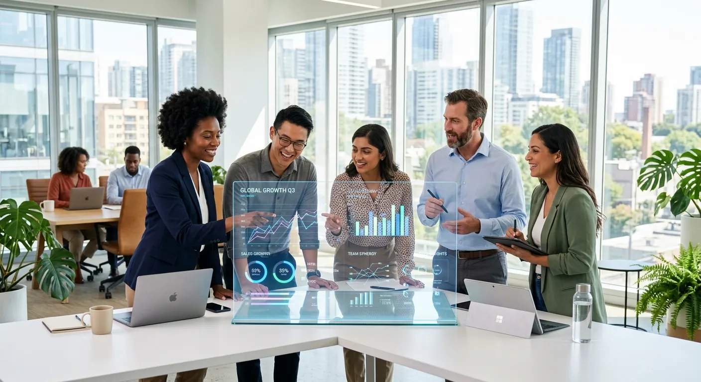 A modern, diverse team of professionals collaborating in a bright, sunlit office, looking at data on... A modern, diverse team of professionals collaborating in a bright, sunlit office, looking at data on a transparent smart screen. Style: Corporate photography, high-tech, optimistic mood.
