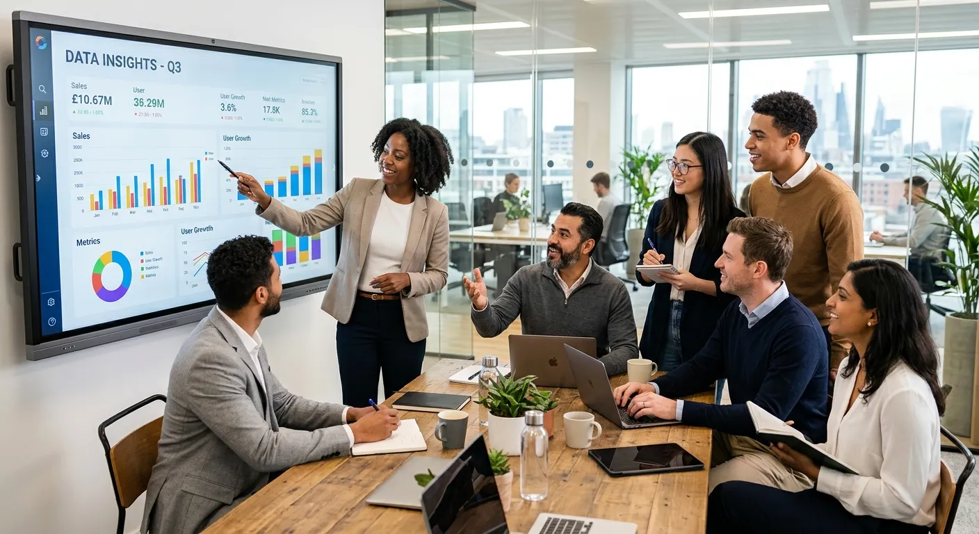 A diverse, professional team collaborating in a modern, bright office environment. One person is pointing to a data dashboard on a large screen, others are engaged in discussion. Style: professional, vibrant, and dynamic. Mood: collaborative, innovative, and productive.