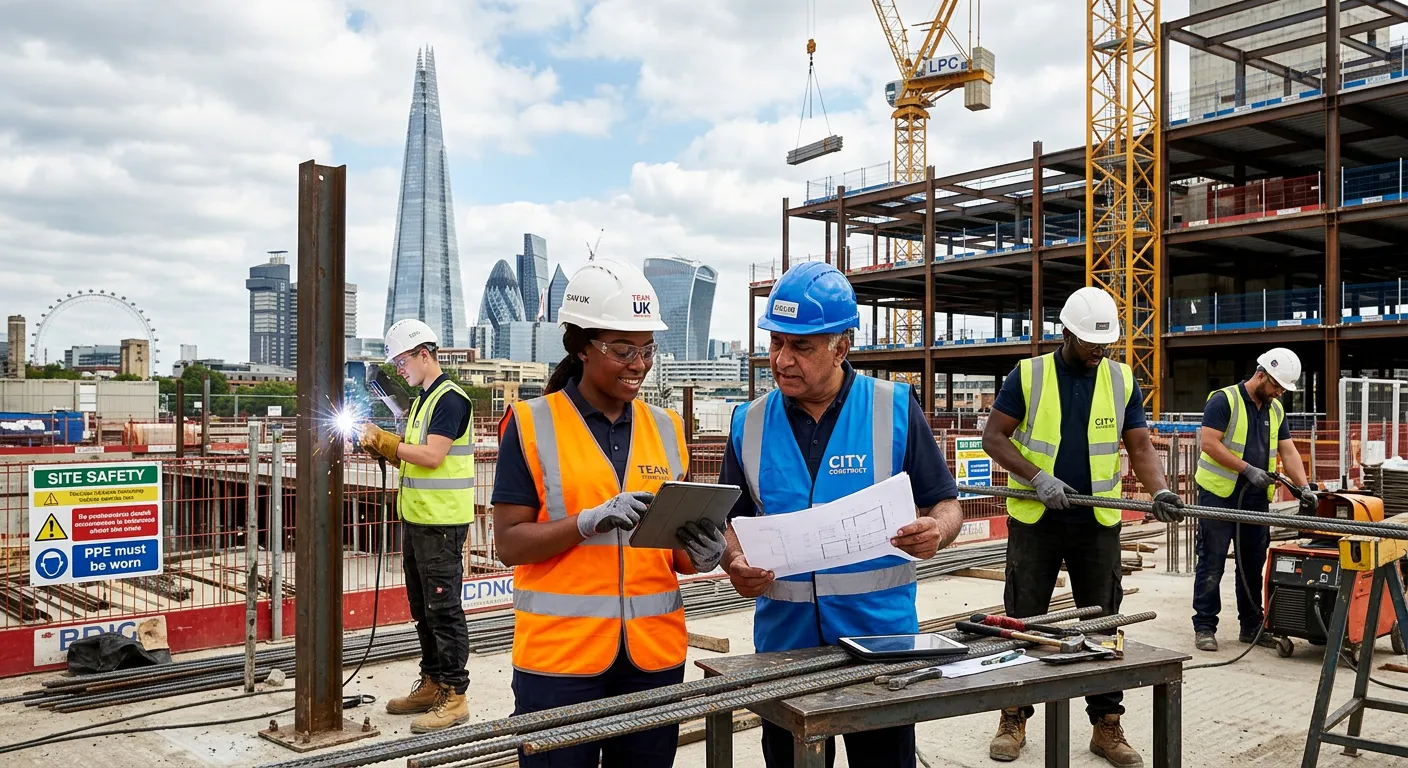 A dynamic, professional image showing a diverse group of labourers on a London construction site, we... A dynamic, professional image showing a diverse group of labourers on a London construction site, wearing high-visibility vests and hard hats, engaged in collaborative work. The mood is energetic, safe, and productive, with iconic London architecture in the background.