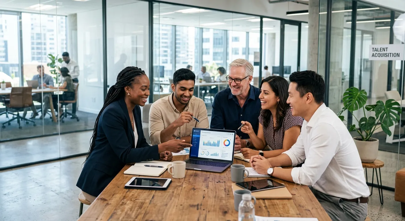 A modern, diverse team of professionals collaborating in a bright, glass-walled office. They are gathered around a laptop, smiling and discussing. The image conveys partnership, efficiency, and successful talent acquisition.