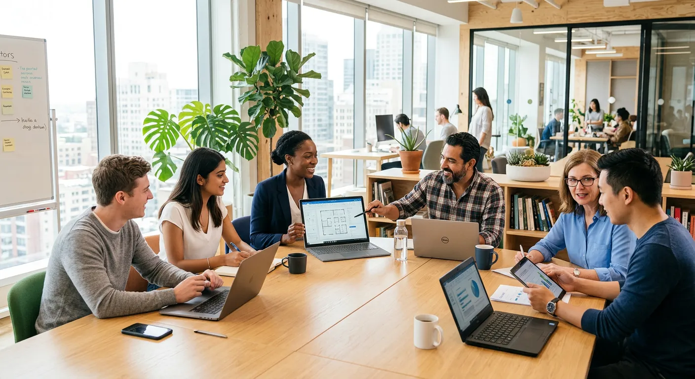 A modern, diverse team of professionals collaborating in a bright, sunlit office. The image should convey efficiency, technology, and human connection. Style: professional stock photography with a bright, optimistic mood.