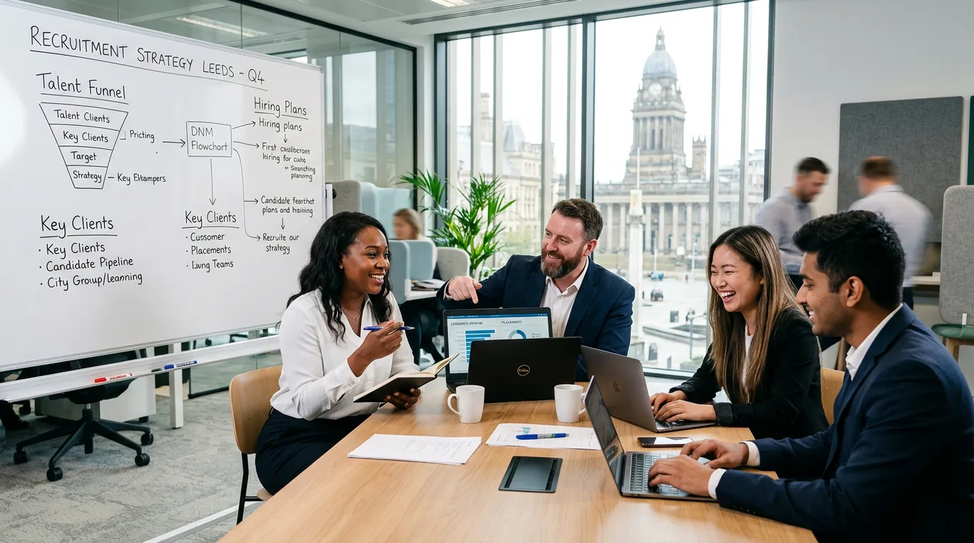 A dynamic, professional hero image showing a diverse group of recruitment consultants and HR professionals in a modern Leeds office setting, collaborating over laptops and whiteboards. The image should convey energy, professionalism, and local context with Leeds landmarks like the Town Hall or City Square subtly visible through the window. Style: professional corporate photography, bright and aspirational.