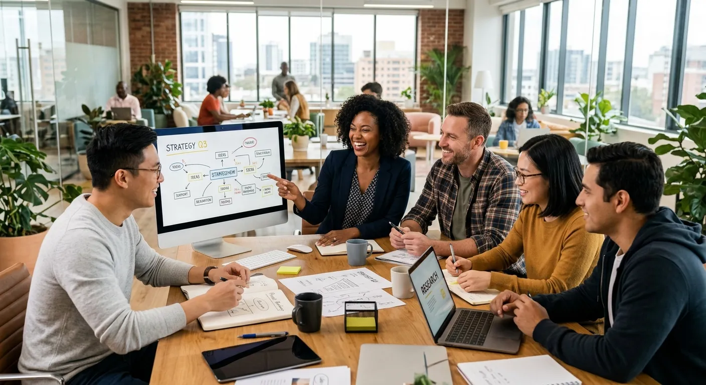 A diverse group of modern professionals collaborating in a bright, sunlit office. Style: High-resolution, authentic, with a focus on engagement and teamwork. Mood: Optimistic, forward-thinking, and professional.