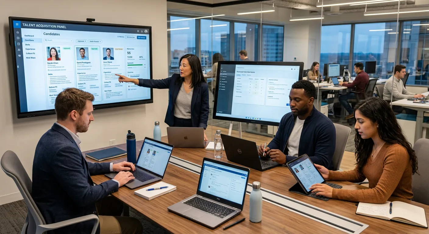 A modern, professional workspace with a diverse team of HR professionals and hiring managers collabo... A modern, professional workspace with a diverse team of HR professionals and hiring managers collaboratively reviewing candidate profiles on multiple digital screens. The mood is focused, efficient, and technologically advanced.