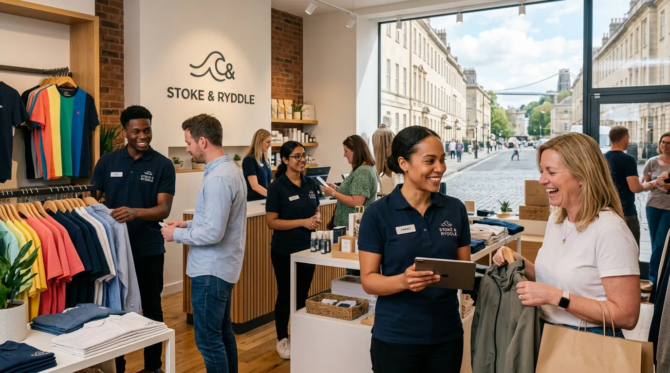 Professional, welcoming hero image showing a diverse team of retail assistants helping customers in... Professional, welcoming hero image showing a diverse team of retail assistants helping customers in a modern Bristol retail store, with a bright, clean interior and smiling faces. Style: Authentic, professional retail environment.