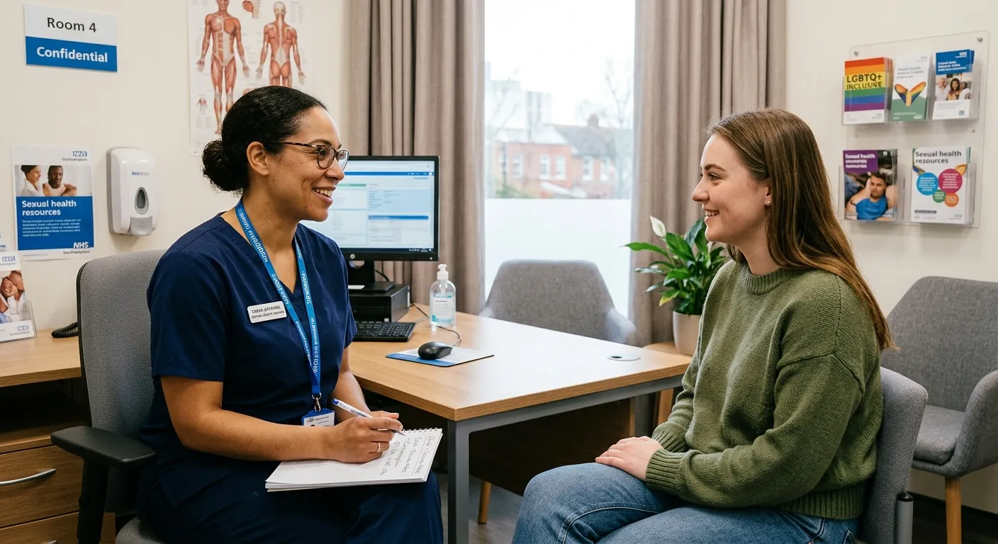 A professional, friendly sexual health advisor in a modern clinic setting in Southampton, speaking with a patient in a confidential consultation room. Style: Warm, trustworthy, and healthcare-focused.