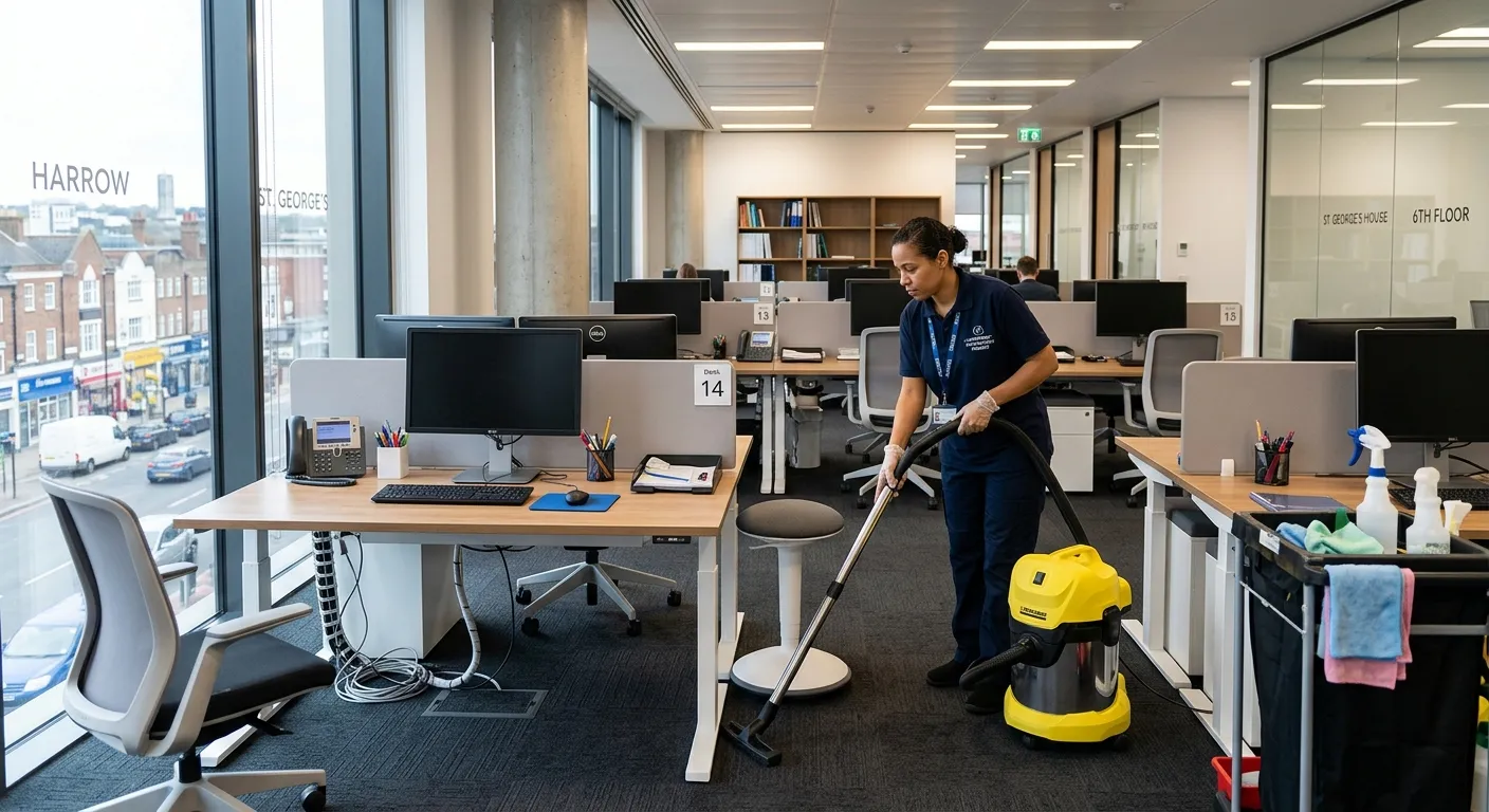 A clean, modern commercial office space in Harrow town centre being serviced by a professional clean... A clean, modern commercial office space in Harrow town centre being serviced by a professional cleaner, highlighting the contrast between the orderly workspace and the efficient operative.