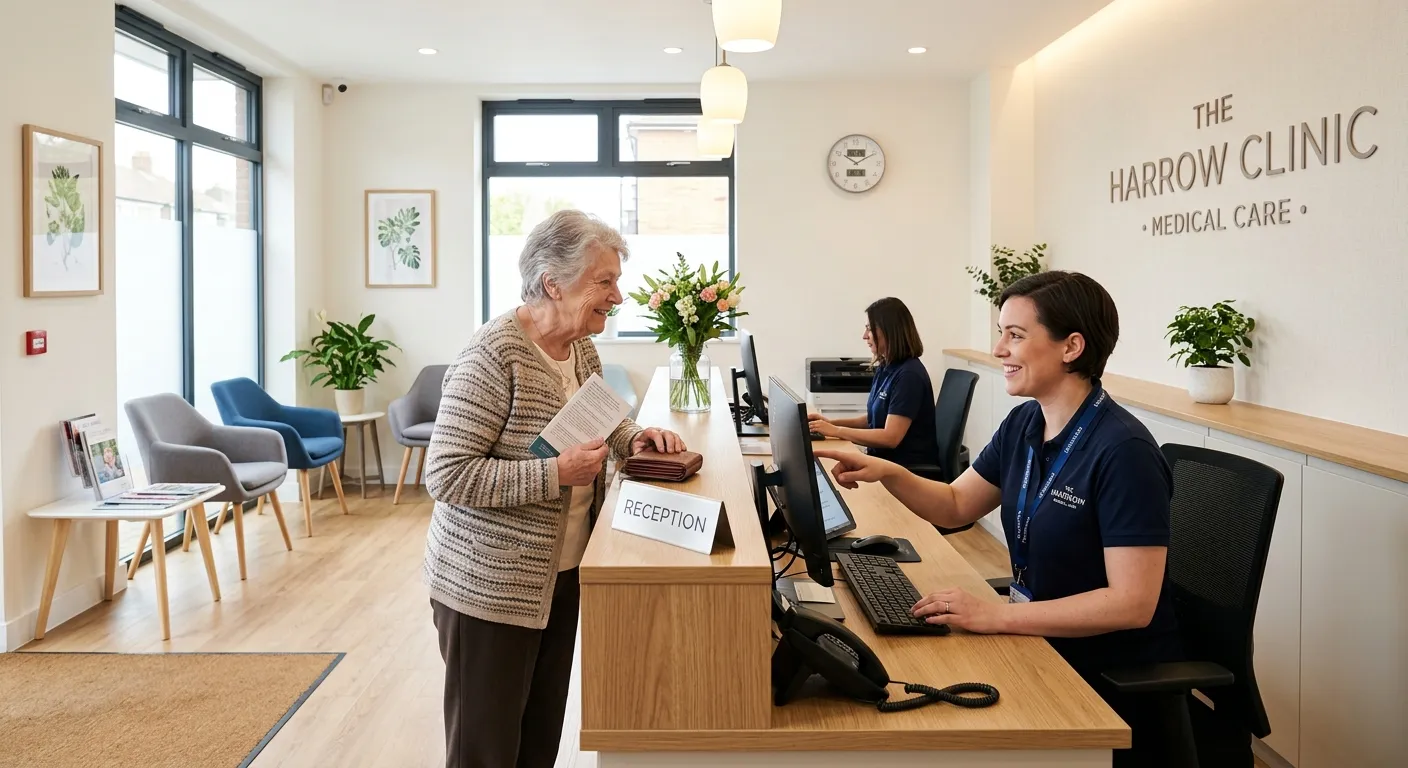 A professional, welcoming image of a modern medical clinic reception area in Harrow, featuring a fri... A professional, welcoming image of a modern medical clinic reception area in Harrow, featuring a friendly receptionist assisting a patient, with a clean, bright, and organised aesthetic.
