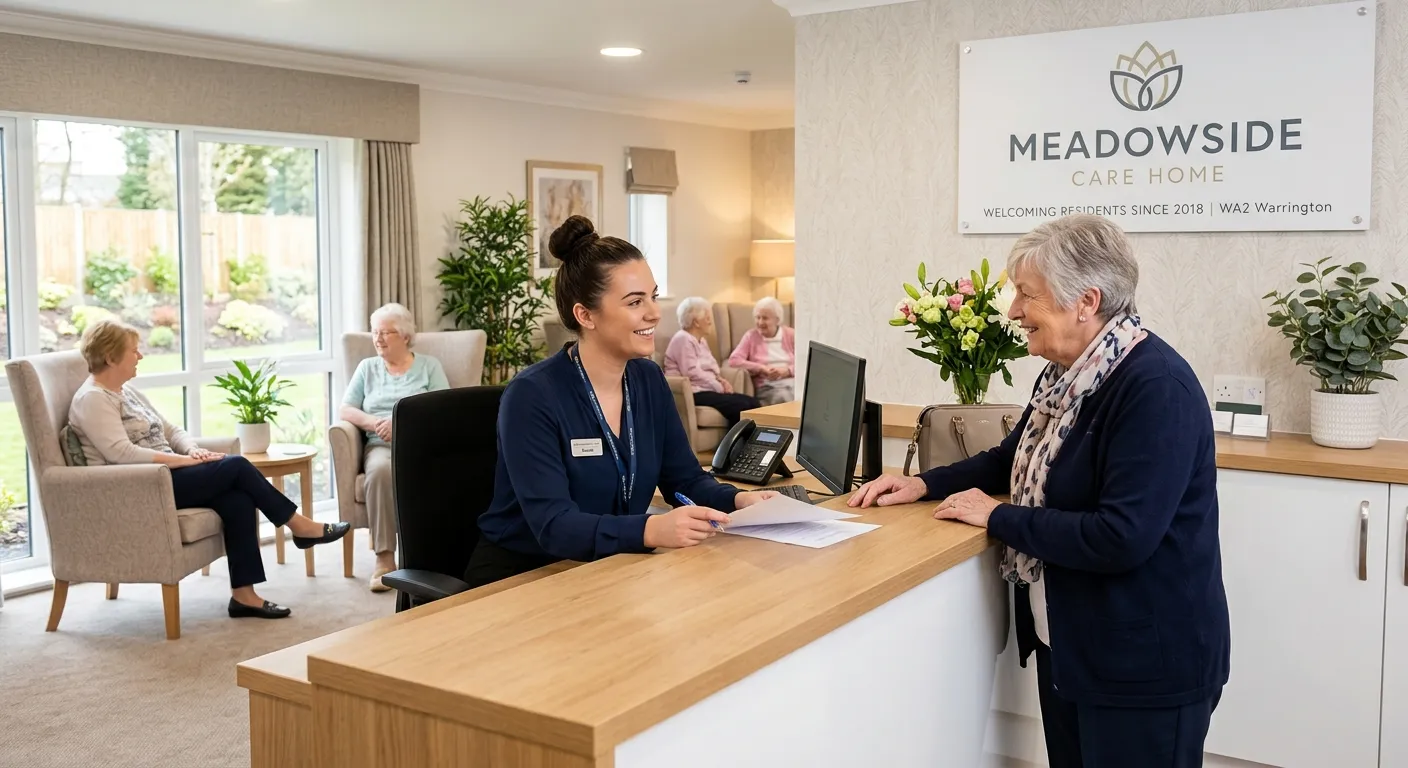 A professional, welcoming image of a modern care home reception area in WA2, featuring a smiling receptionist assisting a resident's family member. Bright, clean, and friendly atmosphere, conveying a sense of calm and professionalism.
