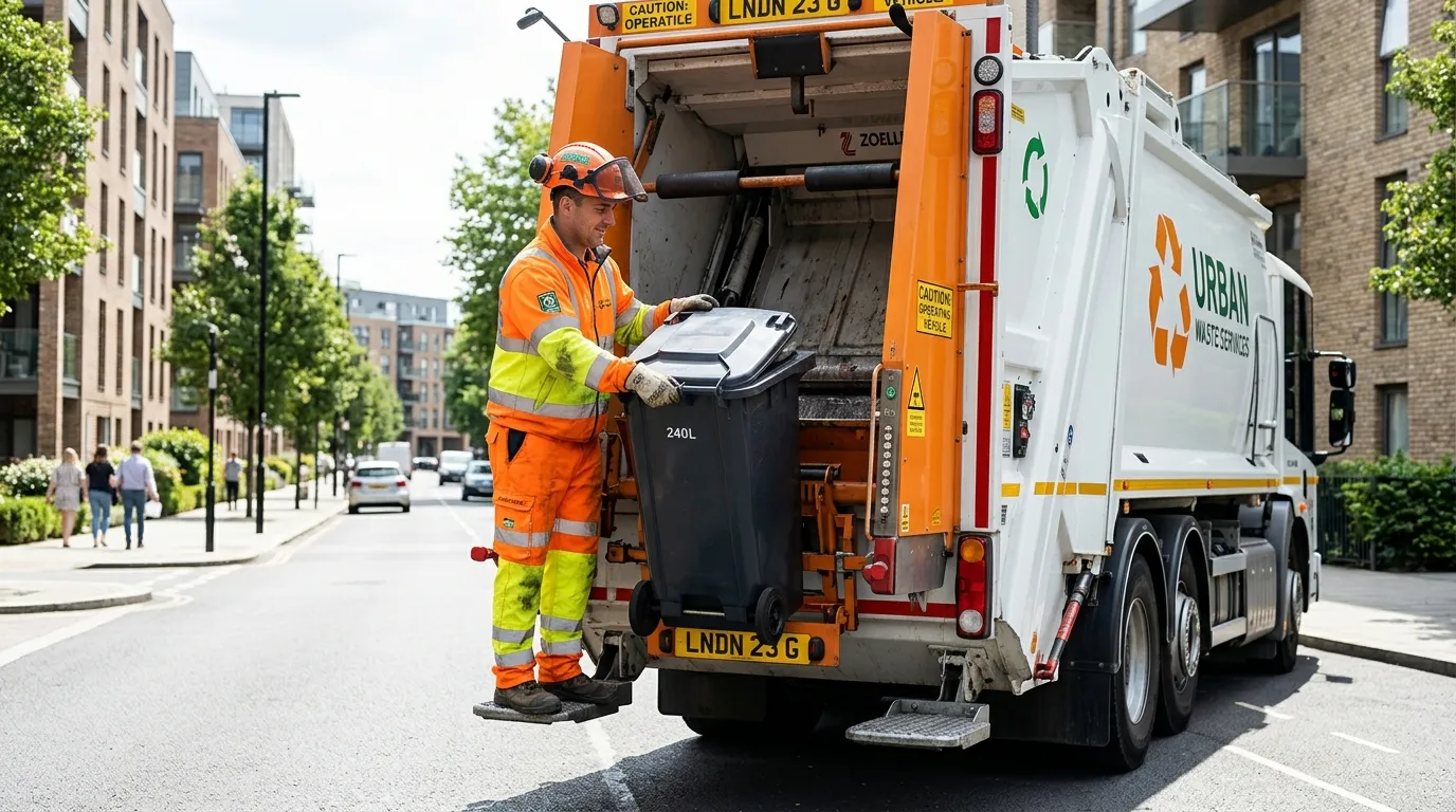 Hero image of a refuse loader in high-visibility clothing, safely operating a modern waste collection vehicle in a clean urban environment, daytime, professional mood