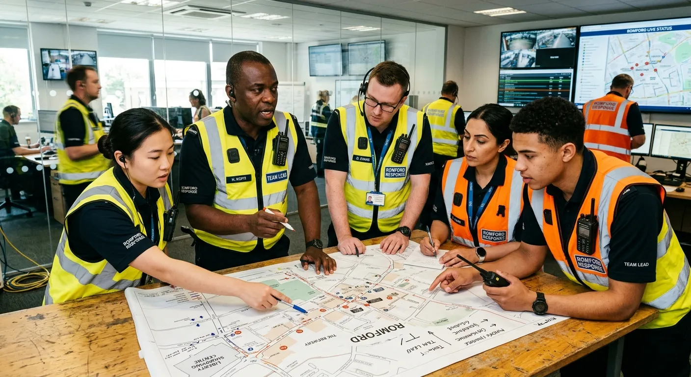 A professional, action-oriented photo of a diverse team of response staff in hi-vis vests, gathered... A professional, action-oriented photo of a diverse team of response staff in hi-vis vests, gathered around a map in a modern operations centre in Romford, conveying urgency, teamwork, and readiness.