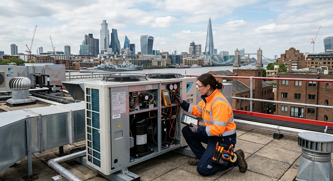 A professional, well-lit photo of an HVAC technician in SE16 inspecting a modern commercial air conditioning unit on a building rooftop, with the London skyline visible in the background. The technician is wearing high-visibility gear and using diagnostic tools. Style: professional, trustworthy, and location-specific.