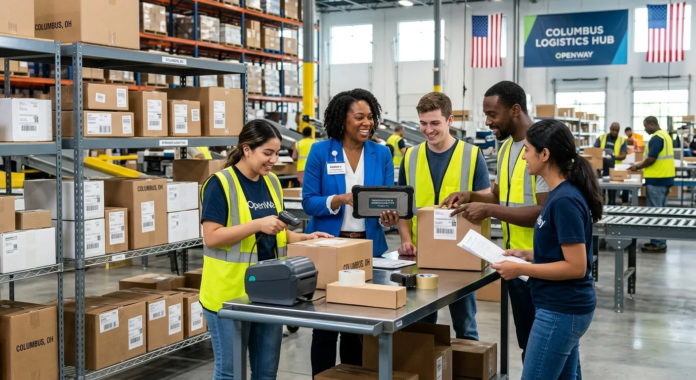 A dynamic, professional photo of a diverse group of temporary workers and a hiring manager collabora... A dynamic, professional photo of a diverse group of temporary workers and a hiring manager collaborating in a modern Columbus, Ohio office or warehouse setting, showing teamwork and efficiency. Style: Bright, optimistic, professional. Mood: Energetic and productive.