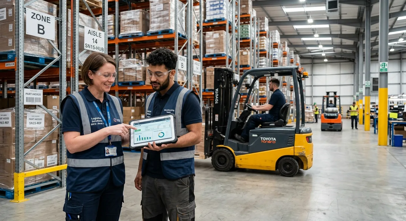 A professional, dynamic shot of a materials manager in a modern industrial warehouse in SN15, review... A professional, dynamic shot of a materials manager in a modern industrial warehouse in SN15, reviewing a tablet with a team member, with racking and forklifts in the background, showcasing a real-world environment.