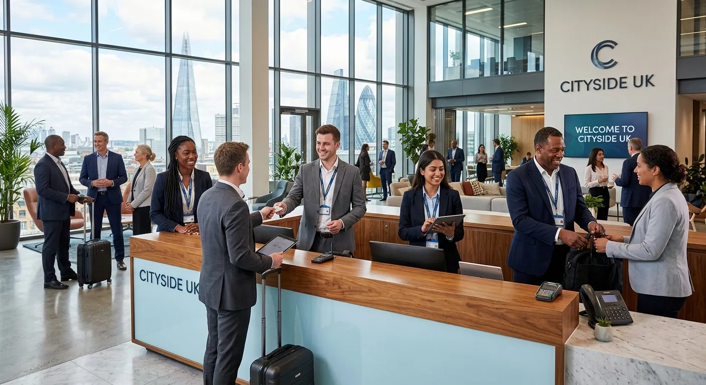Professional, diverse team of receptionists in a modern London office lobby, smiling and assisting g... Professional, diverse team of receptionists in a modern London office lobby, smiling and assisting guests. Style: Bright, professional, welcoming. Mood: Efficient and hospitable.