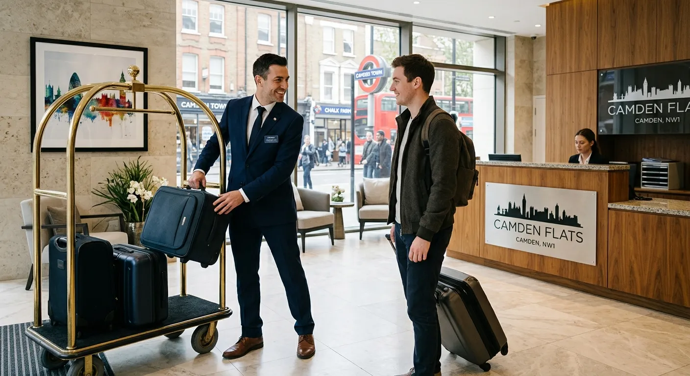 Professional, welcoming image of a Porter in a smart hotel or residential building in Camden, London... Professional, welcoming image of a Porter in a smart hotel or residential building in Camden, London, helping a resident with luggage, showcasing a clean, efficient work environment.