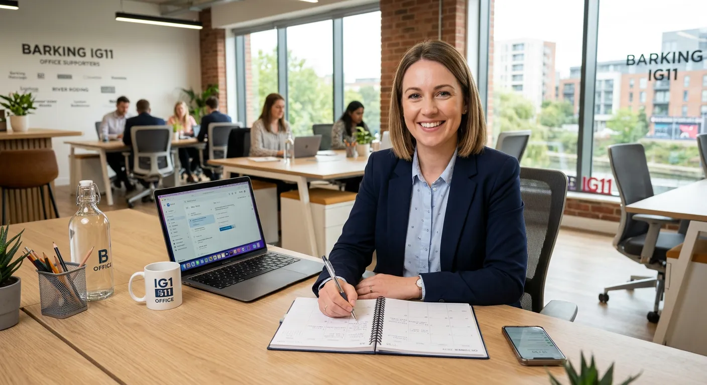 A professional, friendly Personal Assistant working at a modern desk in a Barking IG11 office, organising a diary and smiling at the camera. The style is bright, welcoming, and professional, conveying efficiency and trust.