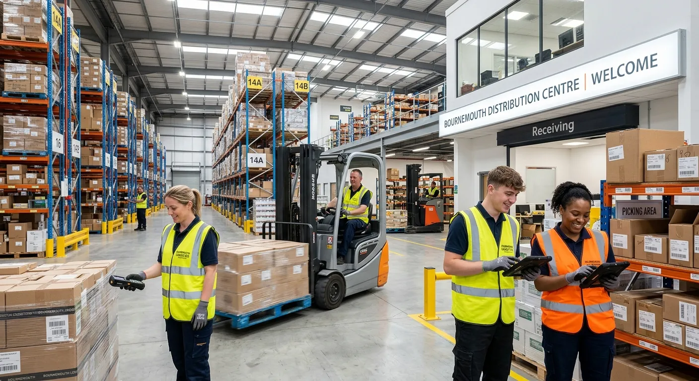 A professional, well-lit photo of a modern distribution centre in Bournemouth, showing associates in high-visibility vests efficiently managing inventory on a clean warehouse floor. The mood is productive, organised, and welcoming.