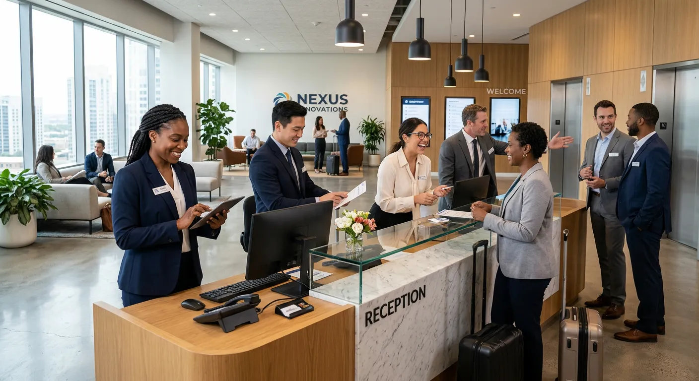 A professional, diverse group of receptionists in a modern office lobby, smiling and assisting guests. Style: Bright, high-quality corporate photography. Mood: Welcoming, efficient, and professional.