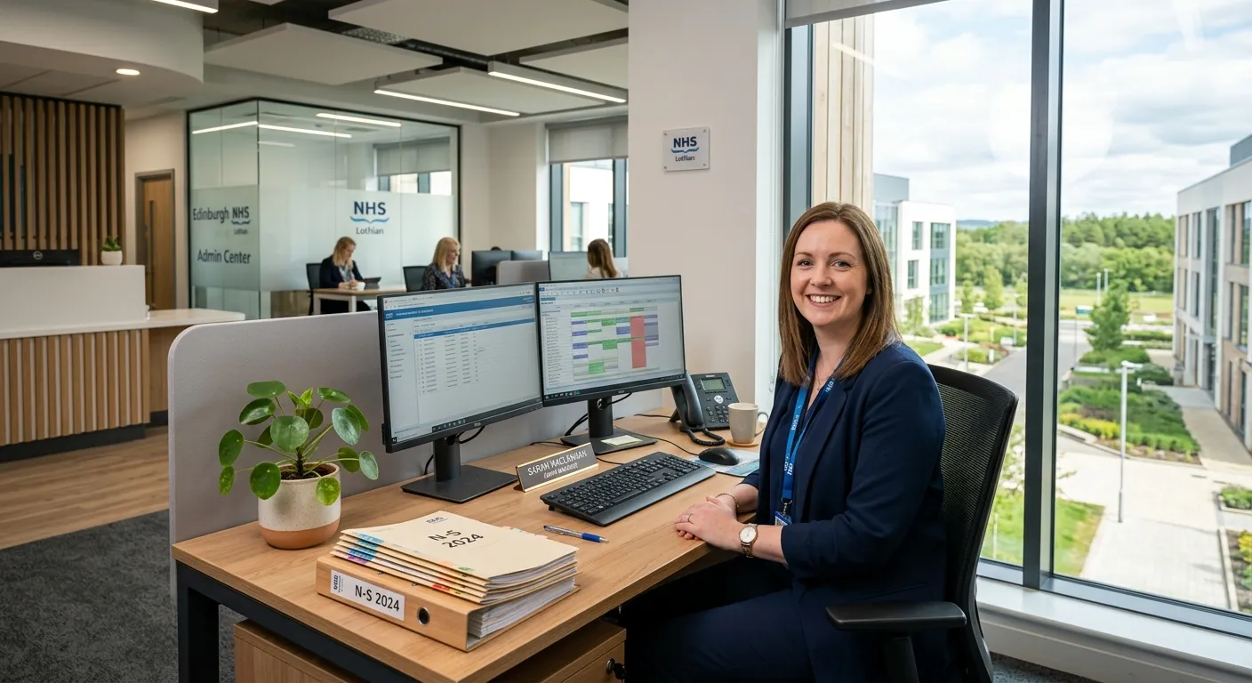 A professional, welcoming photograph of a modern healthcare administration office in Edinburgh Park. The image should feature a friendly administrator at a desk with dual monitors, organised patient files, and a plant, conveying a calm and efficient work environment.