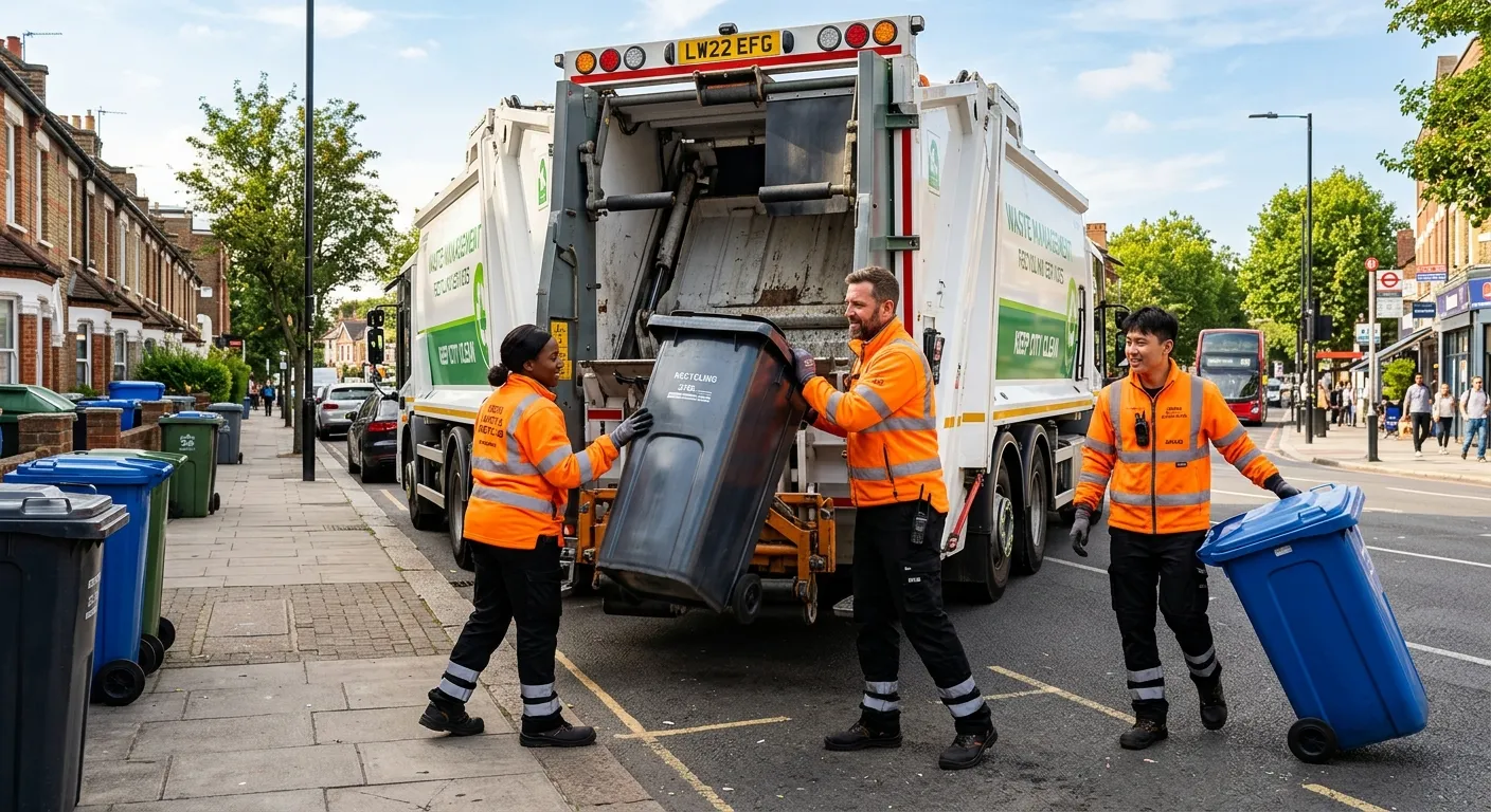 Hero image of a professional refuse loader team in high-visibility jackets efficiently loading a modern refuse collection truck on a sunny urban street, showcasing teamwork and modern equipment. Professional, bright, and action-oriented mood.
