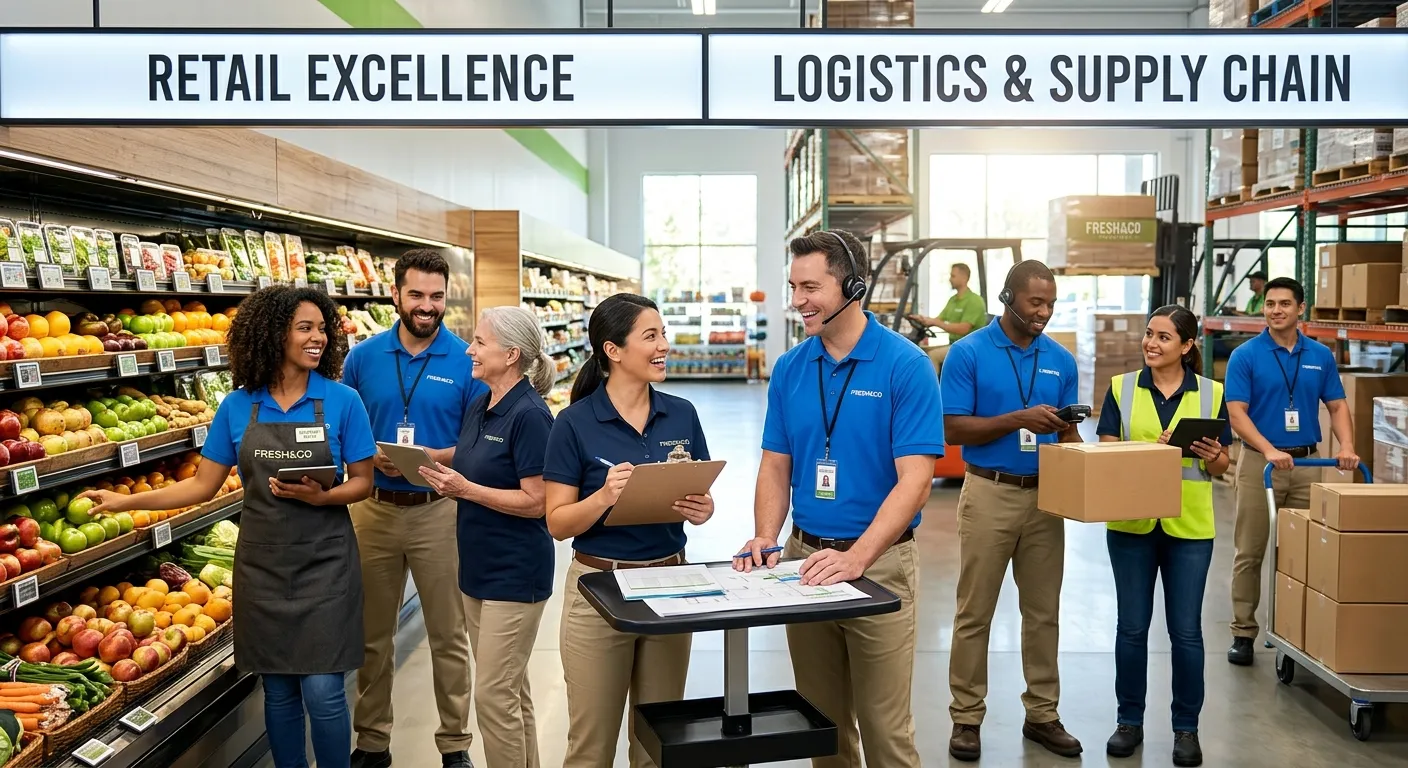 A professional, high-contrast hero image showing a diverse group of employees collaborating in a modern grocery store or warehouse environment. One side shows uniformed retail staff, the other shows logistics team members. Style is bright, optimistic, and corporate. Mood is professional and inclusive.
