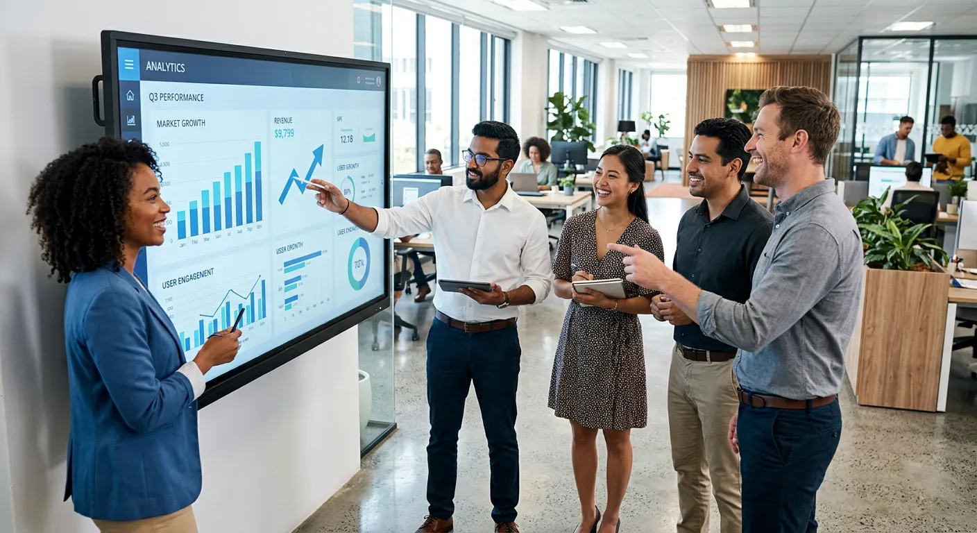 A modern, diverse team of professionals collaborating in a bright, open-plan office, looking at a la... A modern, diverse team of professionals collaborating in a bright, open-plan office, looking at a large digital screen displaying analytics. Style: Professional, vibrant, and forward-looking.